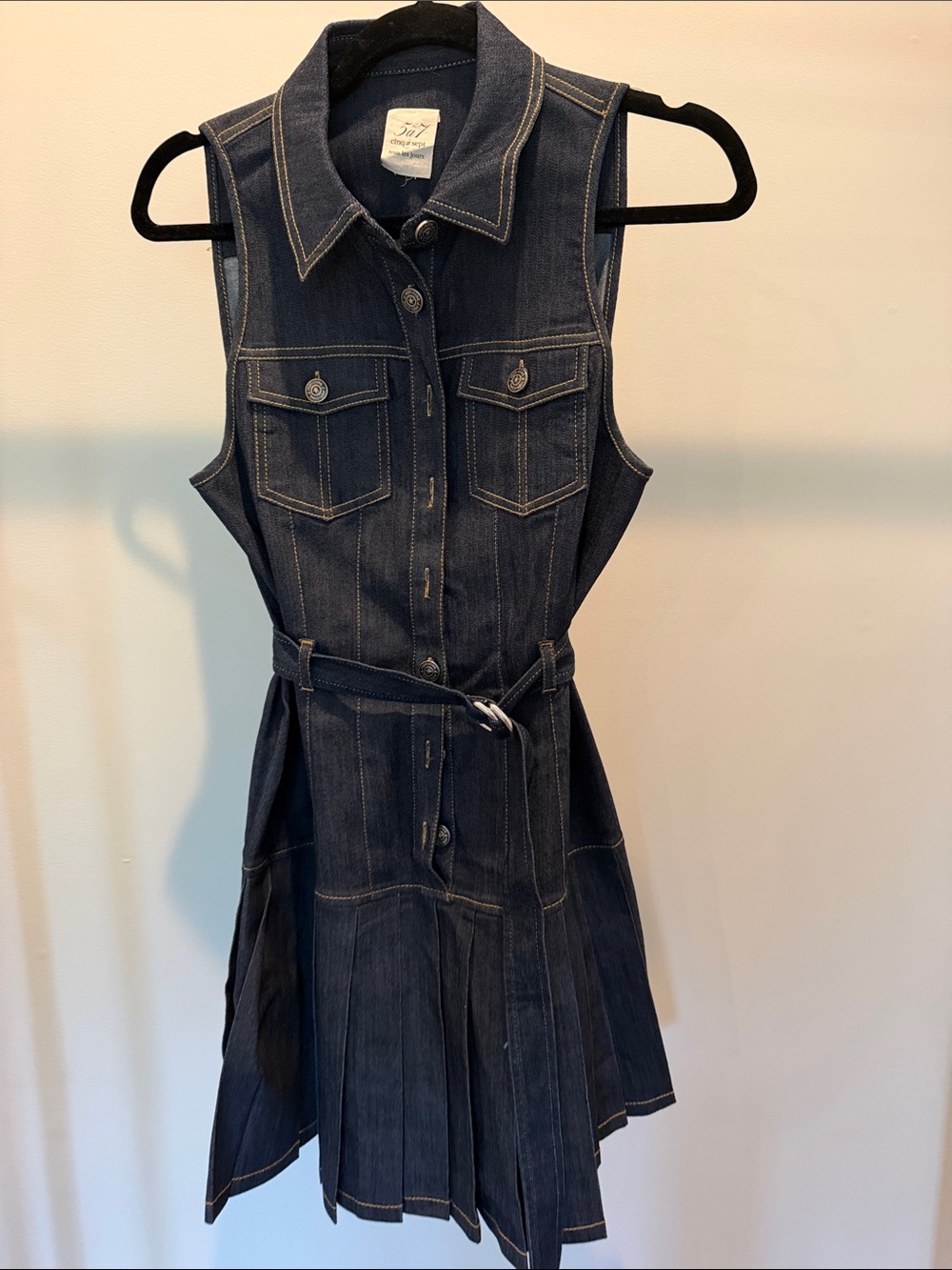 cinq a sept Dark Blue Sleeveless Denim Shirt Dress with Belt